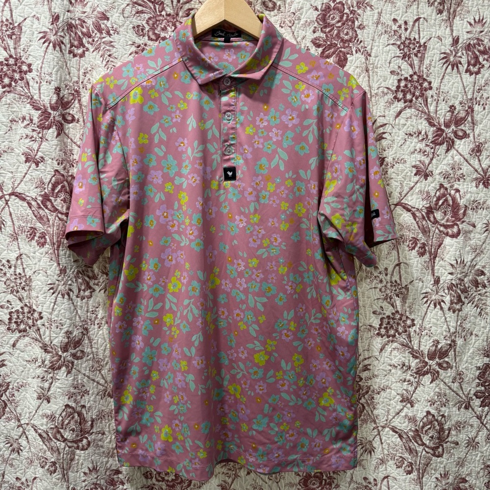 Bad Birdie Men’s Floral Golf Polo Shirt – Pink Multi – Size M